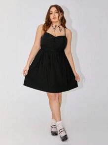 SHEIN Qutie Vestido Cami Com Babados Em Cores Sólidas Para Mulheres Plus Size - Preto - Visão 3