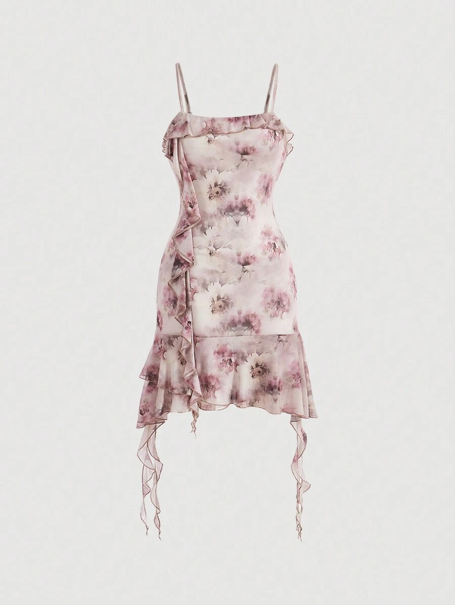 SHEIN MOD Đầm Mùa Hè Nữ In Hoa Viền Bất Đối Xứng Spaghetti Dây Đầm, Lễ Hội Âm Nhạc - Nhiều màu - Xem 1