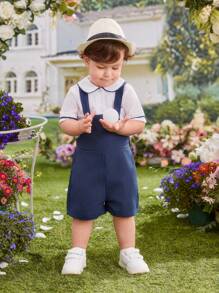 2 piezas Conjunto de top con cuello Peter Pan y pantalones cortos con tirantes azules para bebé niño, elegante y lindo atuendo informal de caballero para uso diario, primavera/verano - Multicolor - Ver 5