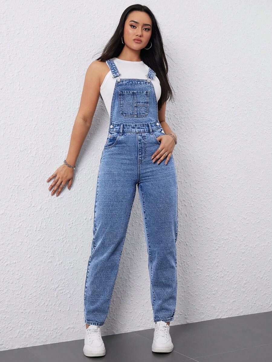 SHEIN Tall Quần yếm denim nữ dáng rộng, có túi, thích hợp cho mùa hè. - Màu xanh lam - Xem 1