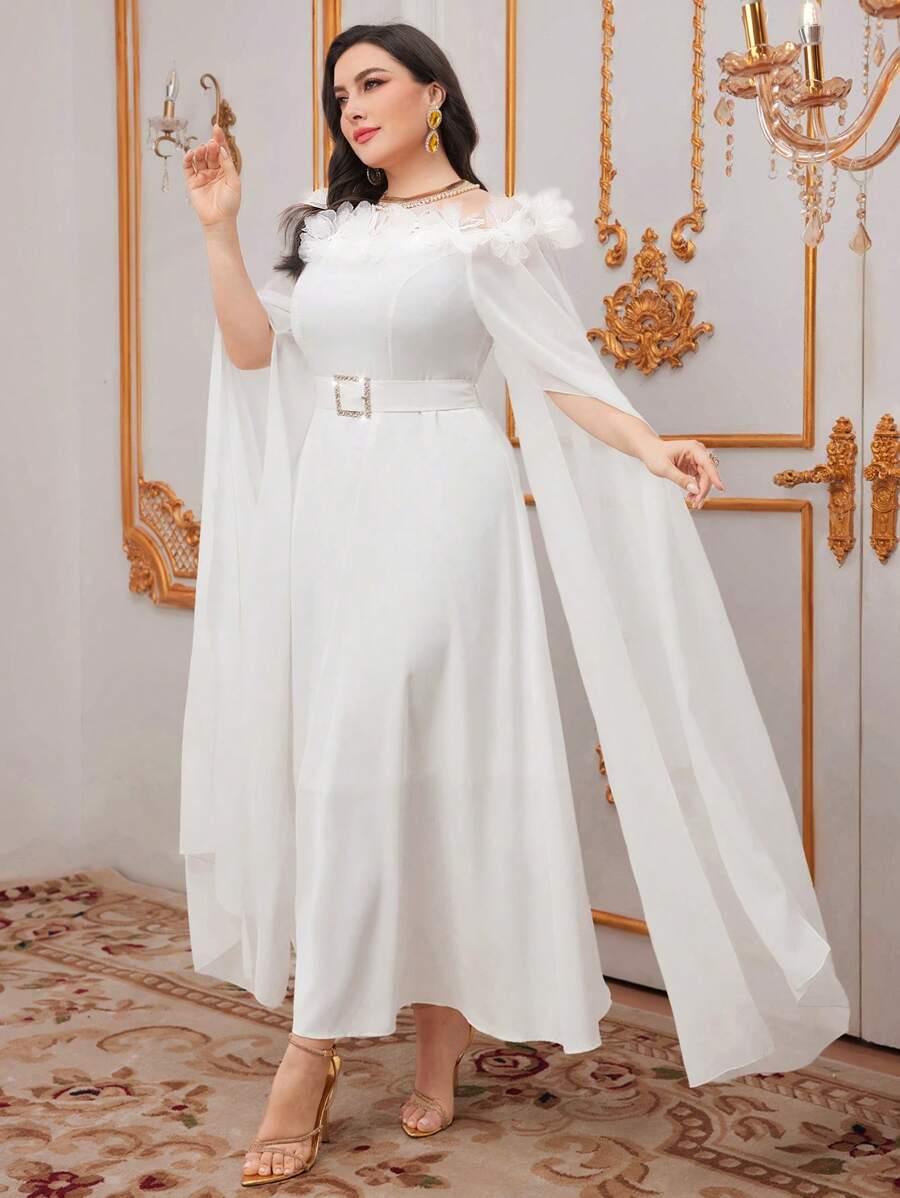 Modelyn Plus Size Women's Off Shoulder Dress With Ruffle Hem And High Slit - White - View 1