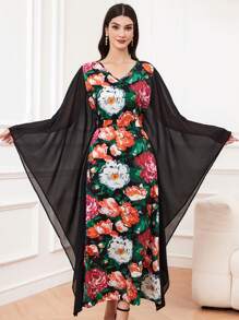 Al Najma Flower Printed Patchwork Batwing Sleeve Dress Kaftan Jalabiya Dress - Multicolor - View 1