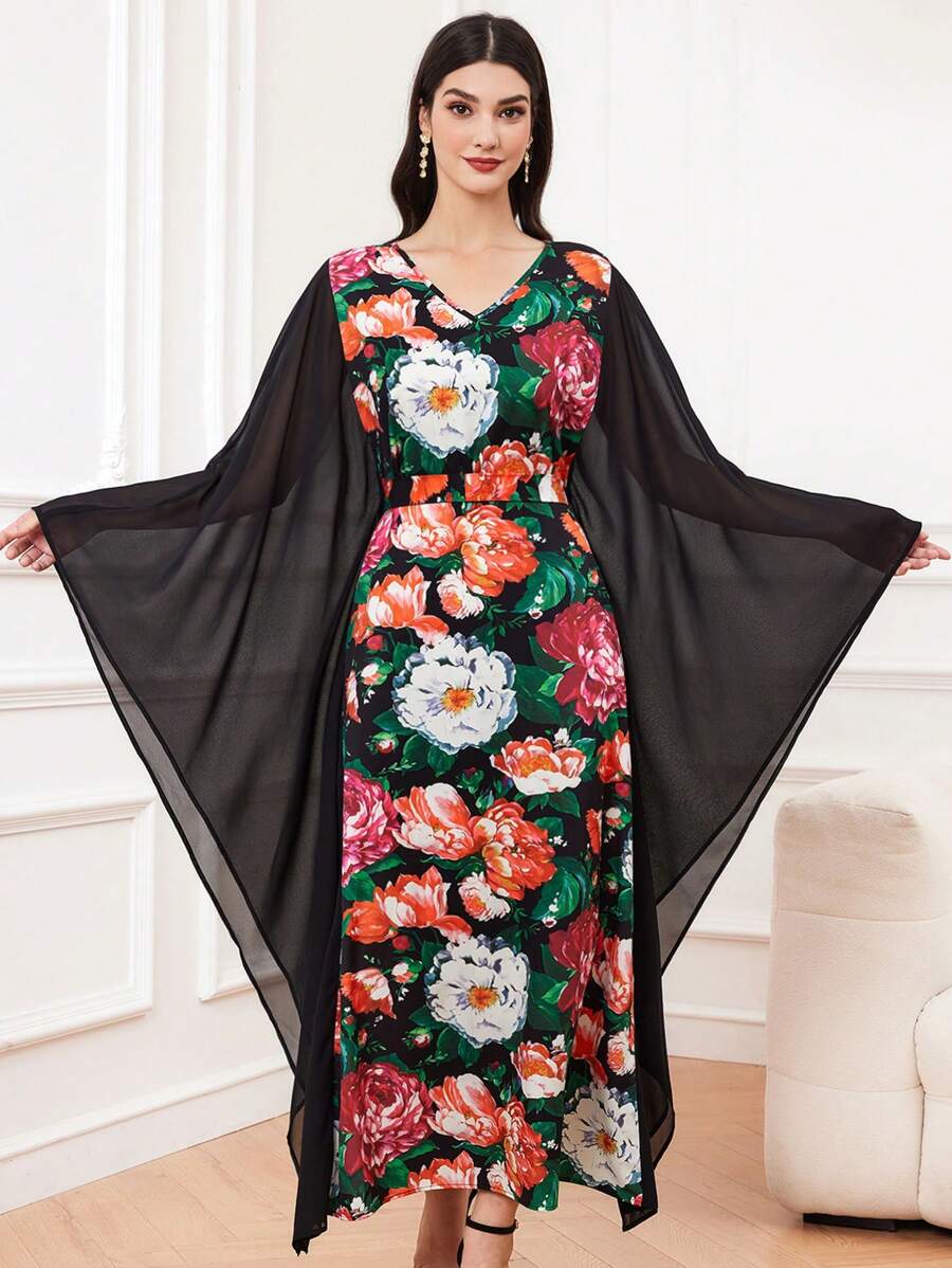 Al Najma Flower Printed Patchwork Batwing Sleeve Dress Kaftan Jalabiya Dress - Multicolor - View 1