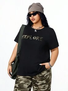 SHEIN Coolane Plus Size Camo Print Letter & Colorblock T-Shirt And Pants Two-Piece Set - Multicolor - View 7