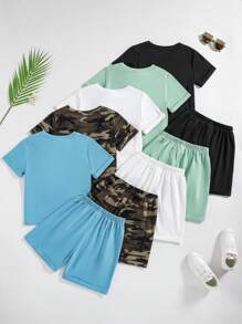 SHEIN 10入組年輕男孩休閒短袖t恤和短褲套裝,迷彩印花和純色多件套裝 - 藍色 - 查看 2