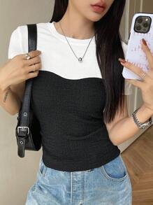 DAZY Ladies' Color Block Stitching Two-In-One Round Neck Slim Fit Short Sleeve T-Shirt Summer