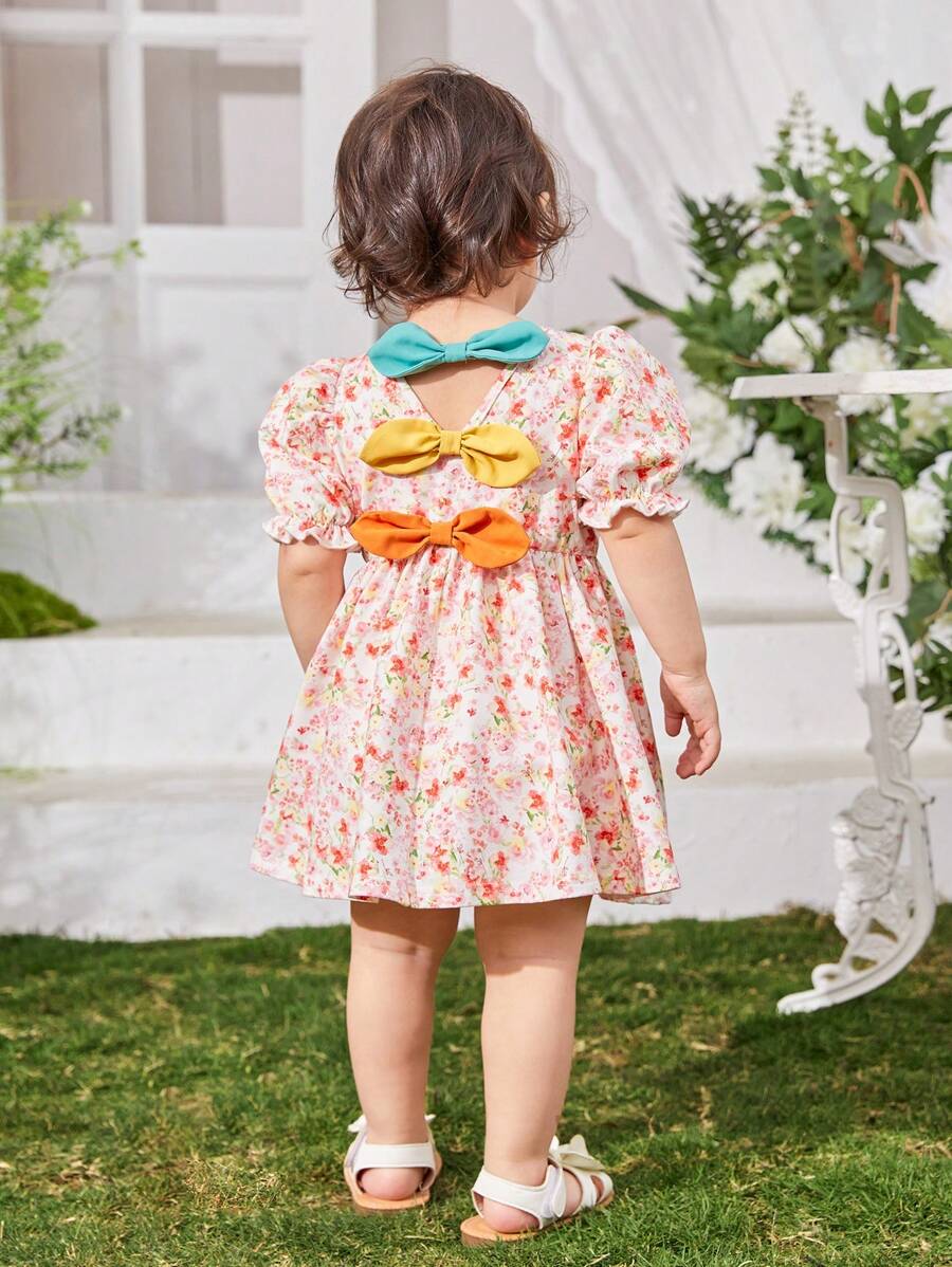 SHEIN Baby Girl Casual Summer Holiday Dress With Floral Print And Bow Tie Short Sleeve
