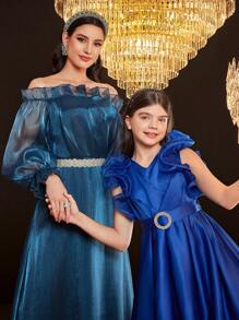 SHEIN 少女可爱优雅华丽V领荷叶边中长连衣裙，裙摆呈喇叭形 - 藍色 - 查看 3