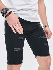 Manfinity LEGND Nam Kích thước lớn Thon gọn Rách Quần short Denim - màu đen - Xem 3