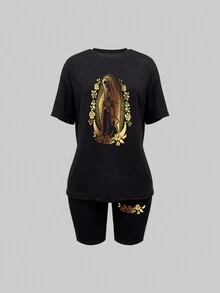 SHEIN Slayr Conjunto de 2 piezas para mujer con estampado de la Virgen María y flores - Negro - Ver 3