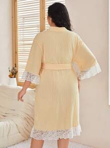 女式加大码甜美蕾丝边睡袍，带荷叶边 - 黃色 - 查看 2