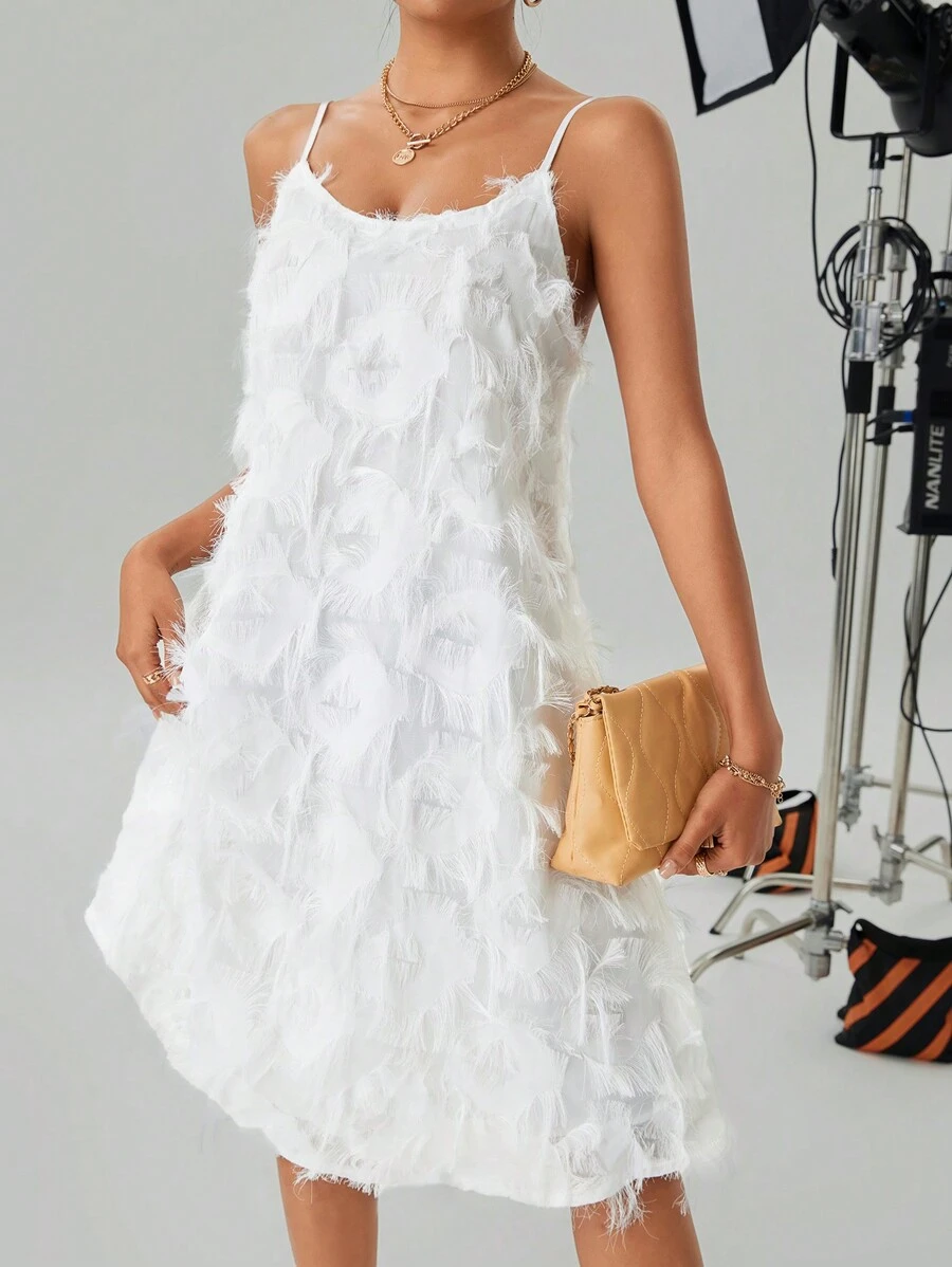 Chiquease Ladies' Solid Color Fringe Spaghetti Strap Dress - White - View 1