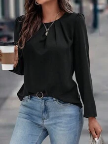 SHEIN Clasi Women's Round Neck Puff Long Sleeve Shirt,Long Sleeve Tops