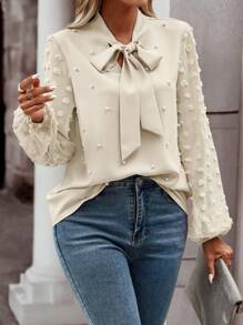 SHEIN Clasi 女式打結領假珍珠裝飾燈籠袖襯衫 - 杏色 - 查看 3