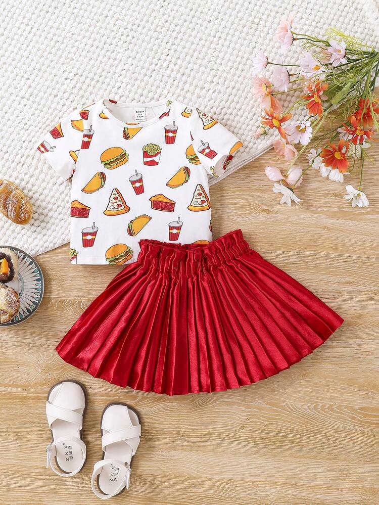 Baby Girl Cute Knitted Cartoon Food Pattern Short Sleeve T-Shirt With Elastic High Waist Pleated Skirt Set