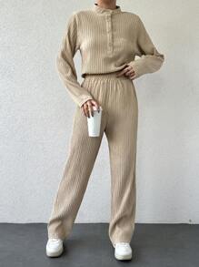 EURMUSE Women's Button Front Long Sleeve Top And Pants Set - Apricot - View 4