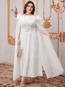 Modelyn Plus Size Women's Off Shoulder Dress With Ruffle Hem And High Slit - White - View 8