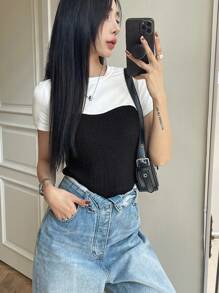 DAZY Ladies' Color Block Stitching Two-In-One Round Neck Slim Fit Short Sleeve T-Shirt Summer