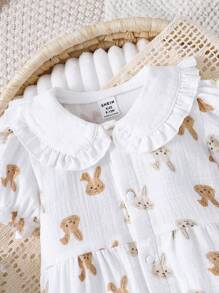 寶寶女孩翻領花邊和兔子圖案設計連腳跳躍衣,帶摺邊袖口 - 白色 - 查看 3