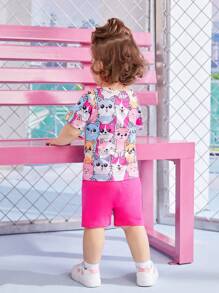 Baby Girl Cat Pattern T-Shirt With Shorts Set, Spring/Summer - Hot Pink - View 2