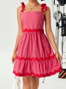 Chiquease Vestido de mujer con nudo en el hombro y bloque de color - Rosa Fucsia - Ver 3