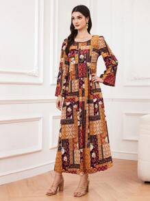 Al Najma 女式拼接印花泡泡袖阿拉伯風格連衣裙