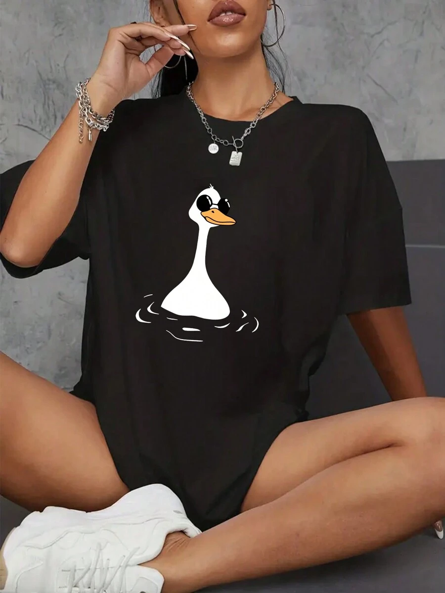 INAWLY Áo thun cổ tròn in hình chú vịt hoạt hình cho nữ - màu đen - Xem 1