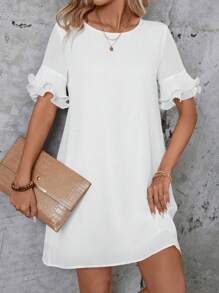 SHEIN LUNE Ladies' Double Layered Ruffle Sleeve A-Line Dress - White - View 5