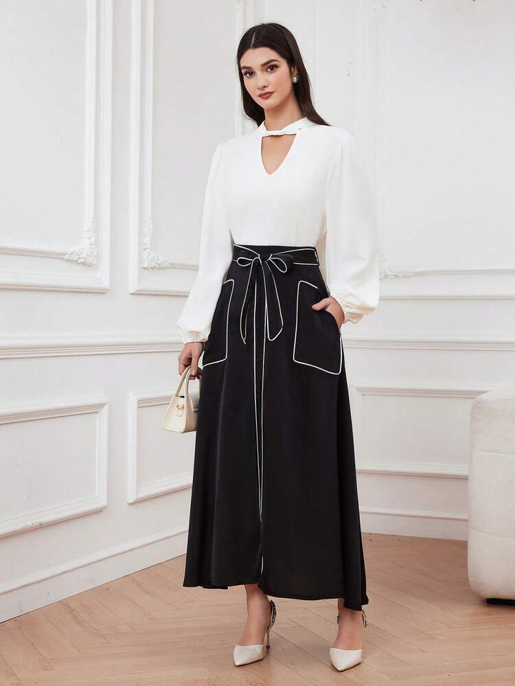 Color-Block Rolled Hem A-Line Skirt Fall Cloth For Women