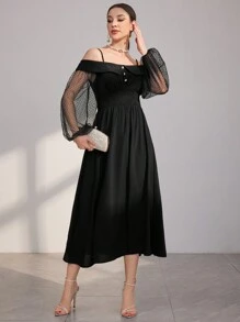 Modelyn Women's Hollow Out Shoulder & Mesh & Lantern Sleeve Dress