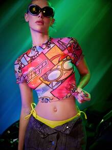 THE POWERPUFF GIRLS X SHEIN Dopamine Y2K Skinny Pop Art Patchwork Cartoon Graphic Mock Neck Crop Top - Multicolor - View 8