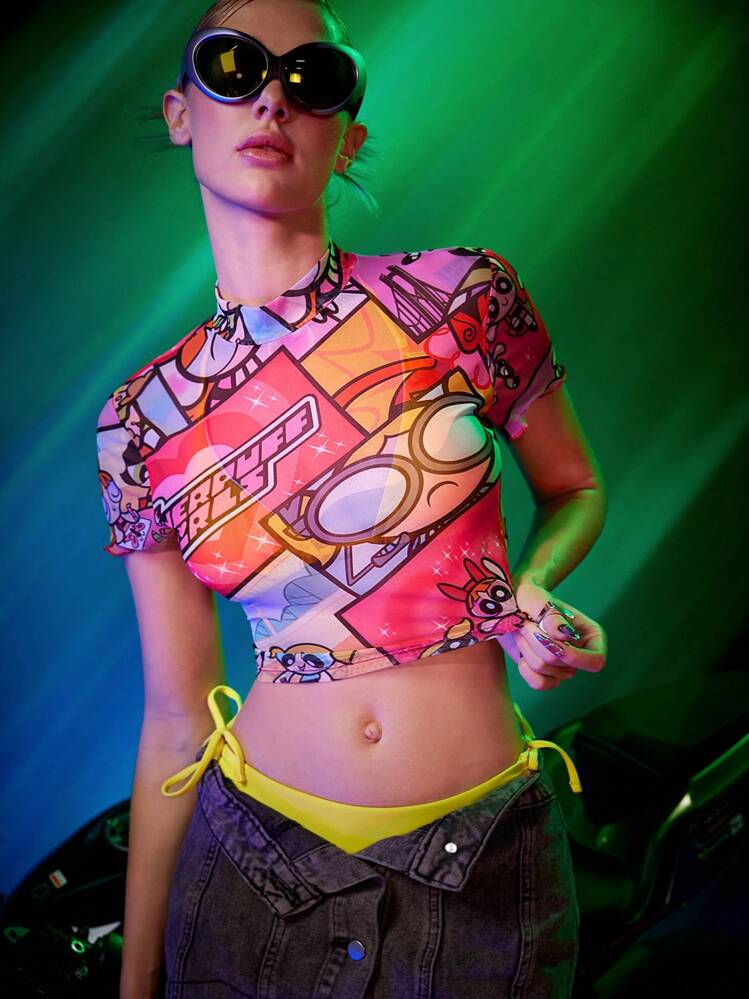 THE POWERPUFF GIRLS X SHEIN Dopamine Y2K Skinny Pop Art Patchwork Cartoon Graphic Mock Neck Crop Top - Multicolor - View 8