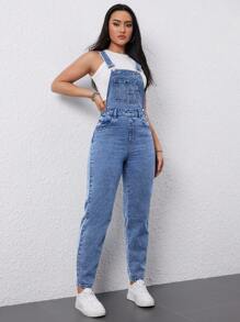 Flexra Ladies Solid Color Pocket Denim Overalls Jumpsuit - Medium Wash - View 2