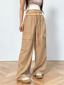 SHEIN EZwear Women's Plain Wide-Leg Cargo Pants - Khaki - View 5
