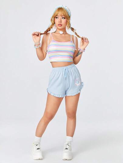 Kawaii Top De Camisola A Rayas Dulce Y Lindo Con Parche De Costura Para Mujeres