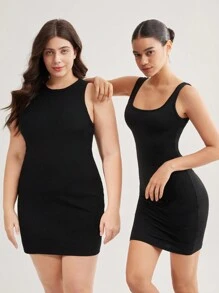 SHEIN BASICS 純色修身連身裙（大尺碼） - 黑色 - 查看 8