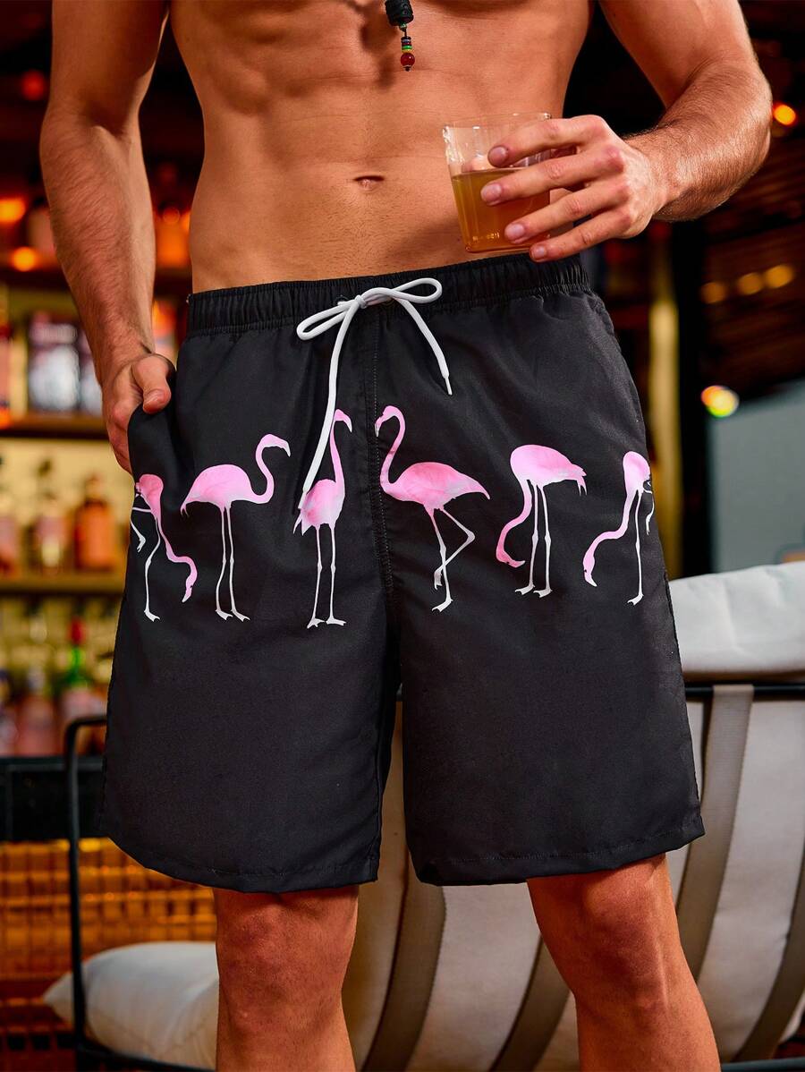Manfinity Men's Flamingo Print Beach Shorts - Multicolor - View 1