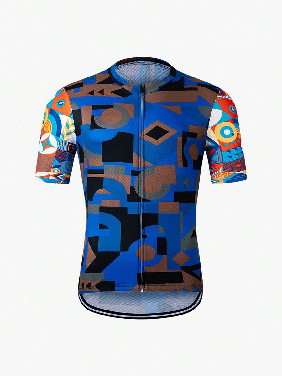 SHEIN Riding Áo thun đi xe đạp ngắn tay in họa tiết Allover có dây kéo phía trước Biker - màu đen - Xem 1