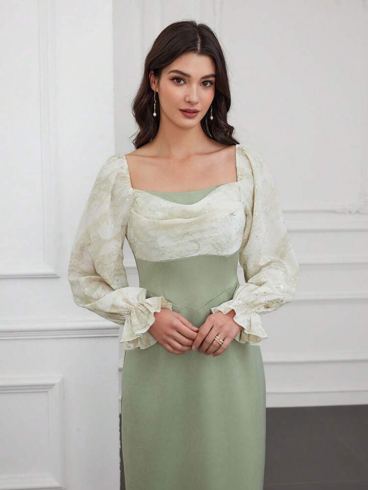Women's Contrast Color Ruffle Sleeve Dress