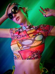 THE POWERPUFF GIRLS X SHEIN Dopamine Y2K Skinny Pop Art Patchwork Cartoon Graphic Mock Neck Crop Top - Multicolor - View 4