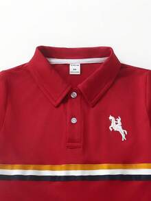 SHEIN 2pcs/Set Young Boy's Striped Short Sleeve Polo Shirt With Embroidery Detailing And Pants - Burgundy - View 3