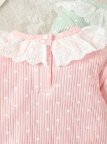 SHEIN 3入組嬰兒女裝白色波點印花加蕾絲剪裁領口的連身衣,家居服飾 - 彩色 - 查看 5