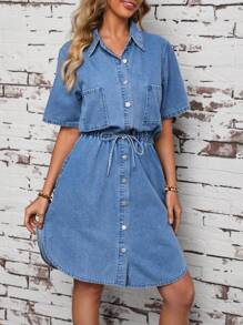 SHEIN LUNE Front Button Closure Adjustable Waist Denim Dress - Blue - View 5