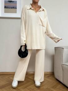 EURMUSE Drop Shoulder Pocket Patched Sweater & Knit Pants - Apricot - View 3