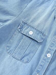 SHEIN Tween Girls' College Style Casual Loose Comfortable Soft Denim Top And Shorts 2pcs/Set - Light Wash - View 3