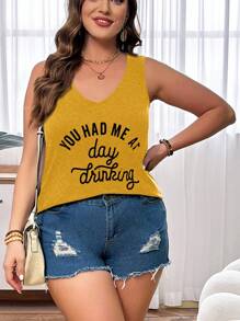 SHEIN LUNE Plus Size Slogan Printed V-Neck Tank Top