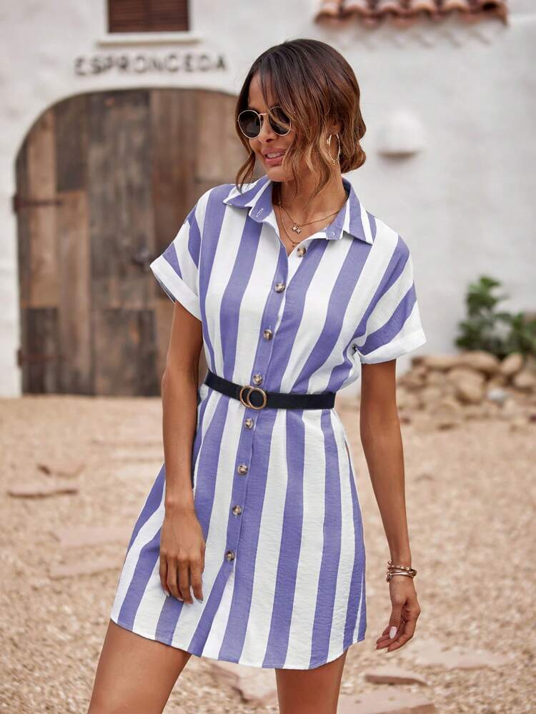 Striped Print Batwing Sleeve Shirt Dress