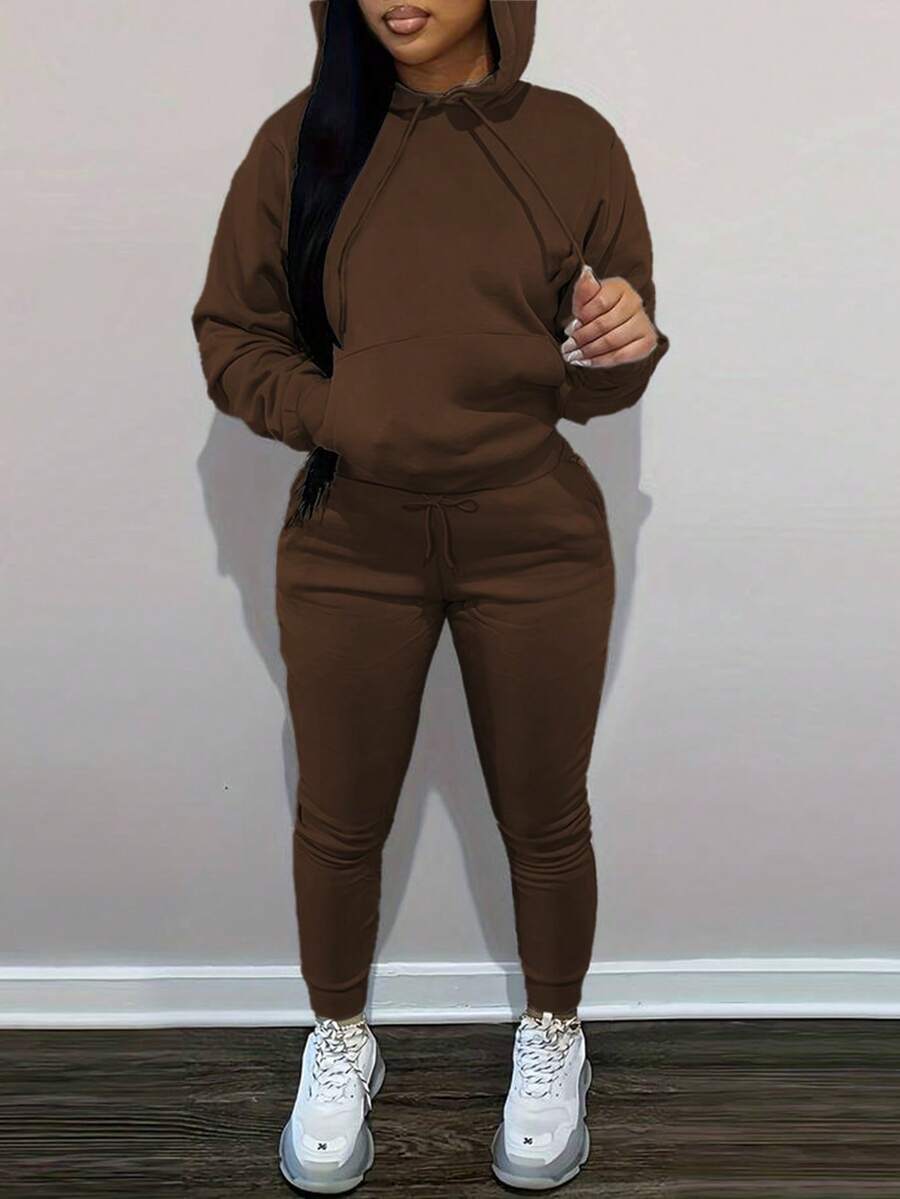 Túi kangaroo Tay áo dài Dây rút Hoodie Và Quần thể thao Bộ - màu nâu - Xem 1