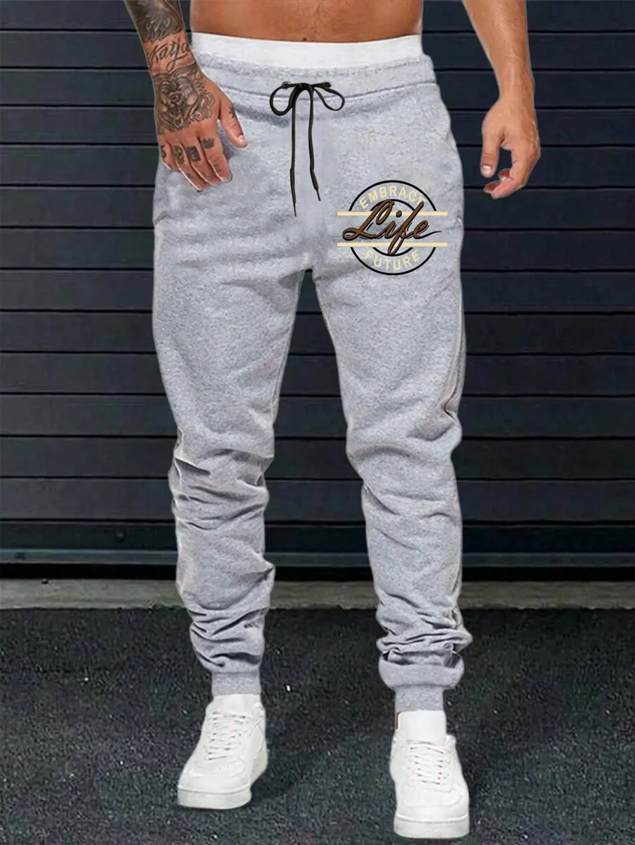 SHEIN Men's Letter Print Drawstring Waist Sports Pants - Grey - View 1
