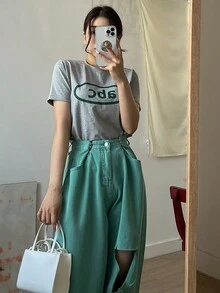 DAZY 女士寬鬆短袖t卹,印有字母印花 - 灰色 - 查看 9